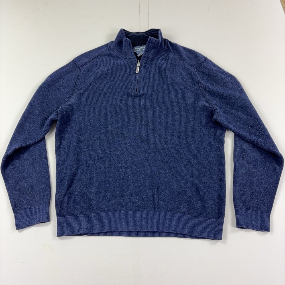 Tommy Bahama Sweater Mens Large Blue 1/4 Zip Mock Neck Tight-Knit Reversible